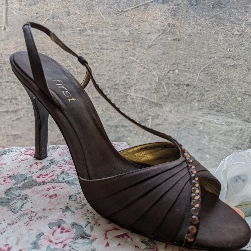 Bronze Satin Rhinestone Slingback Heels First Footwear size 7